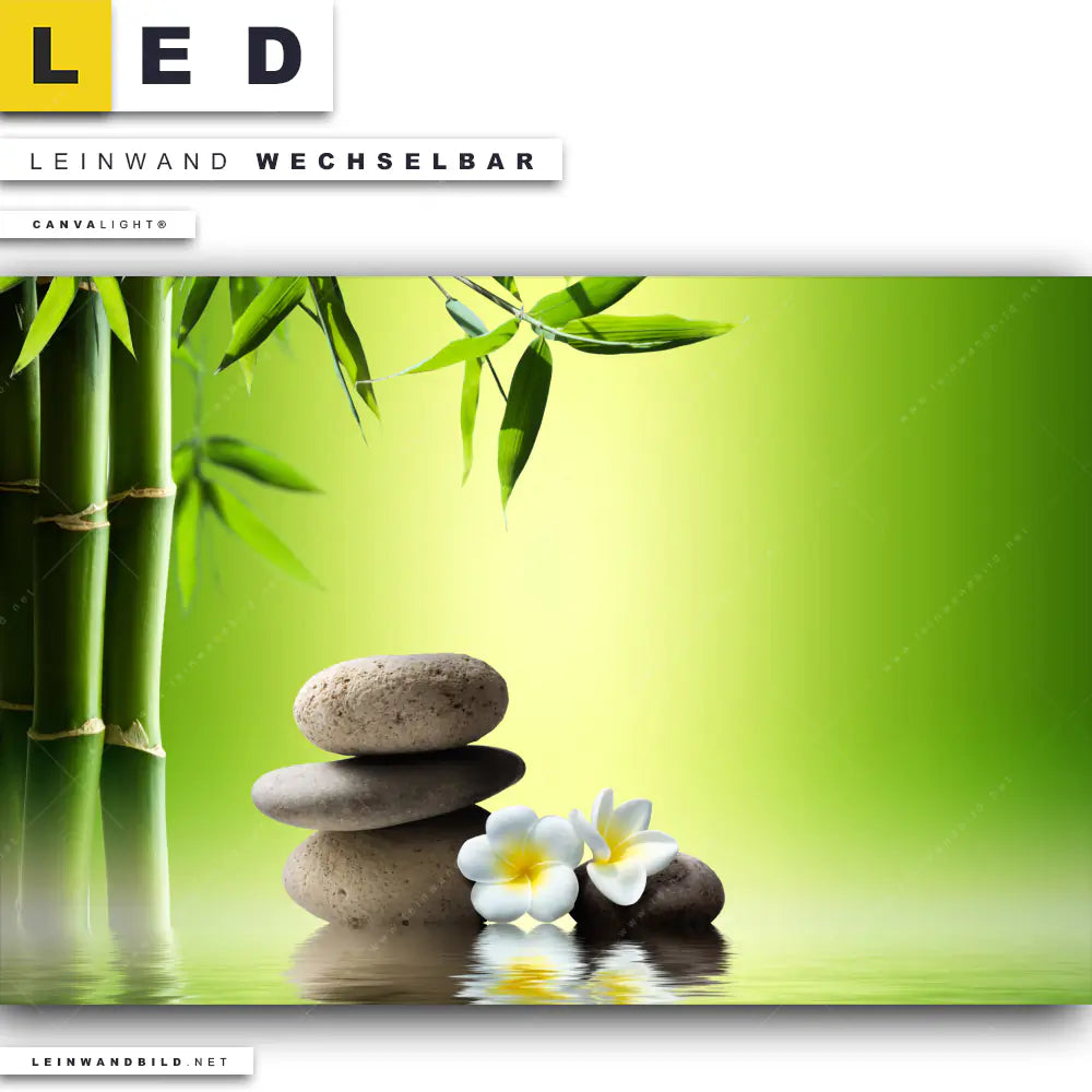 LED Leinwandbild 💙 Zensteine mit Bambus | Canvalight® TEX Querformat