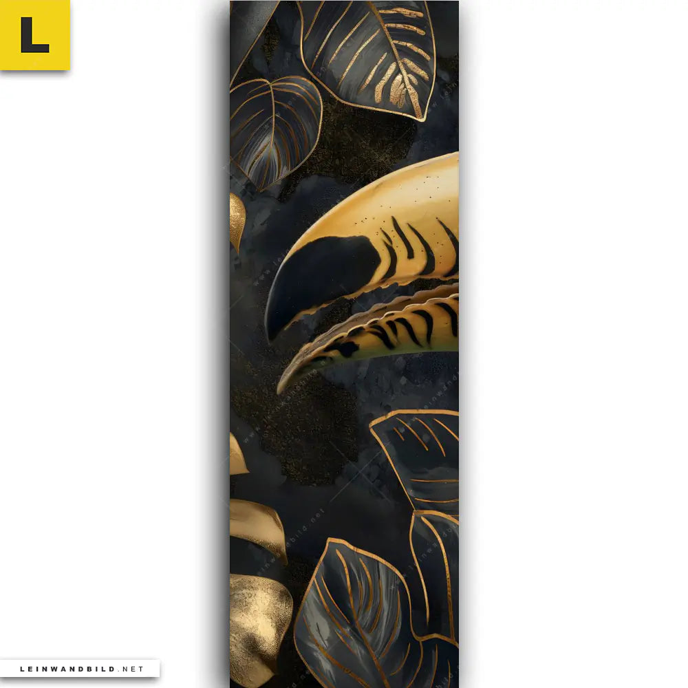 leinwandbild monstera Leinwandbild 💙 Goldene Blätter und Tukan | Schmal