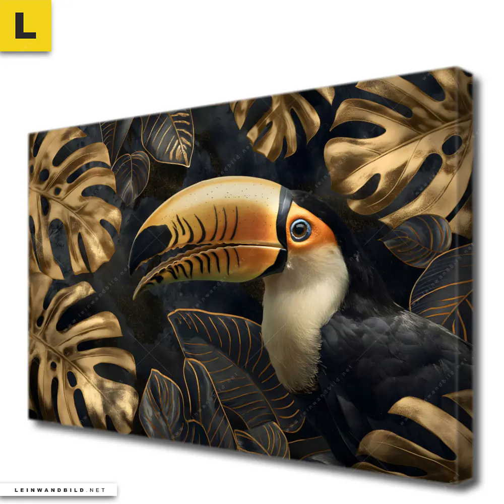 Leinwandbild | Monstera und Tukan Gold